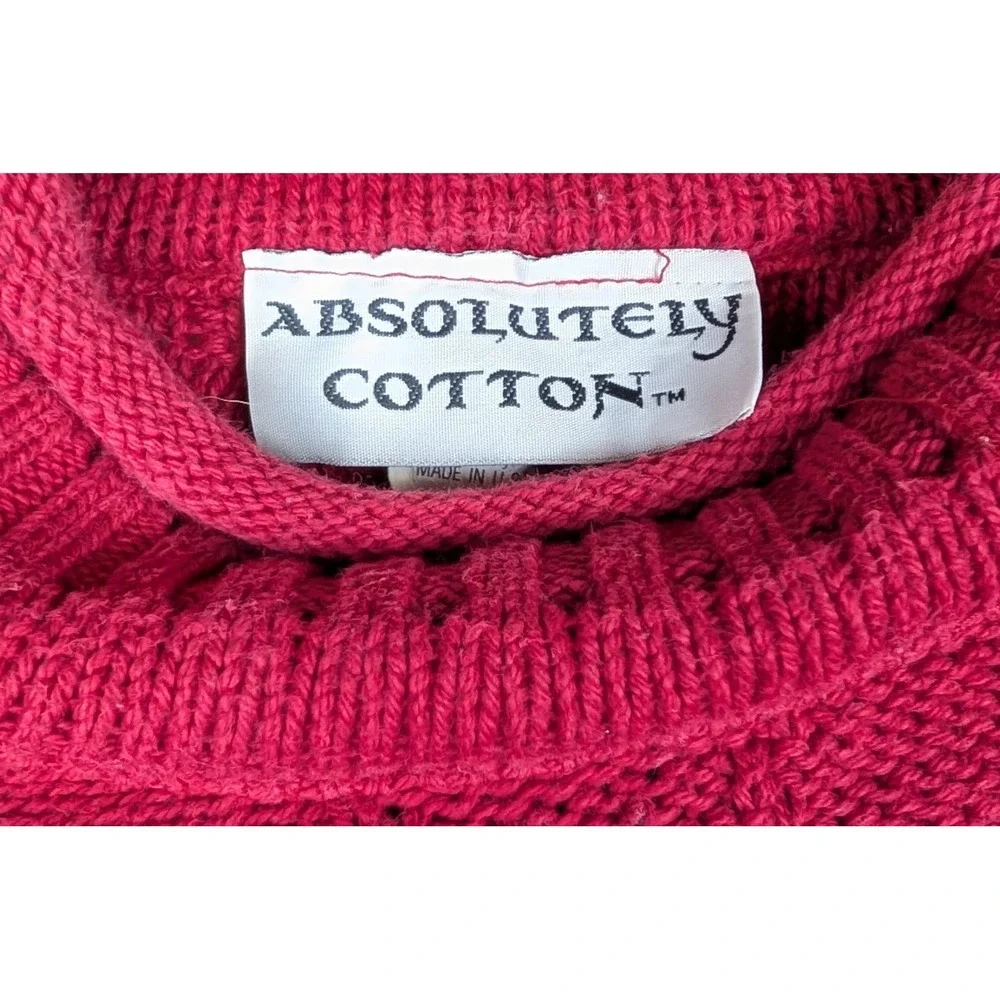 Vintage Cranberry Red Chevron Knit Crew Neck Sweater Cotton USA Rolled Edge hems
